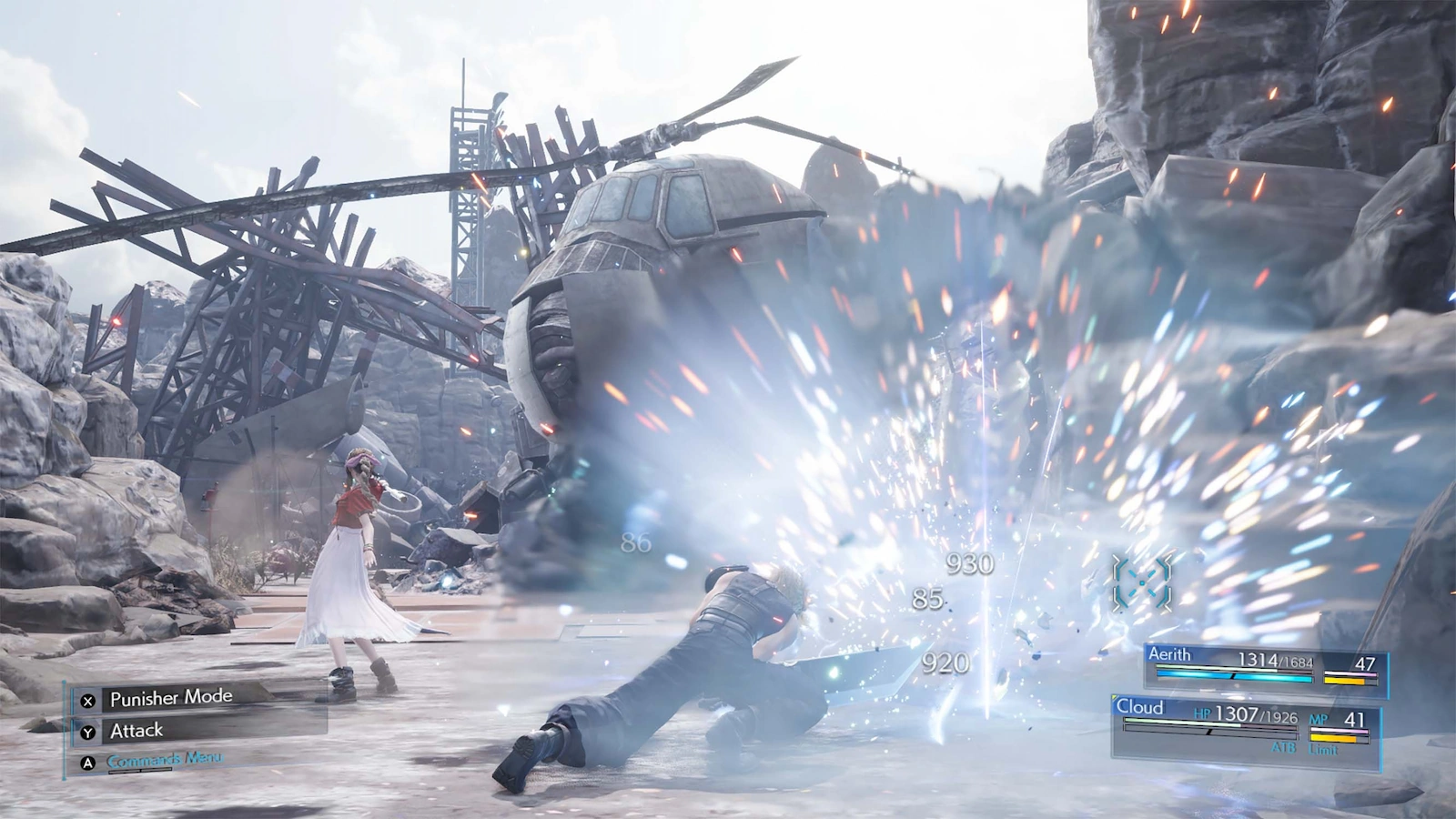 Cloud, Tifa, Barret, and Aerith in hybrid combat